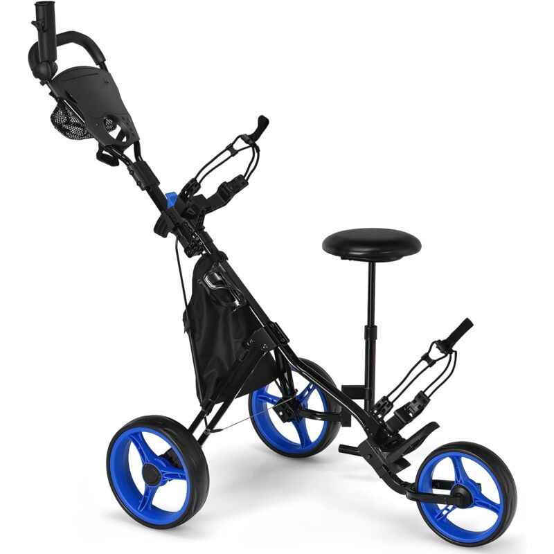 Image of Costway - Carrello da Golf Pieghevole con 3 Ruote, Trolley da Golf Altezza Regolabile di Alluminio con Sedile, Porta Ombrello e Porta Bevande, Blu