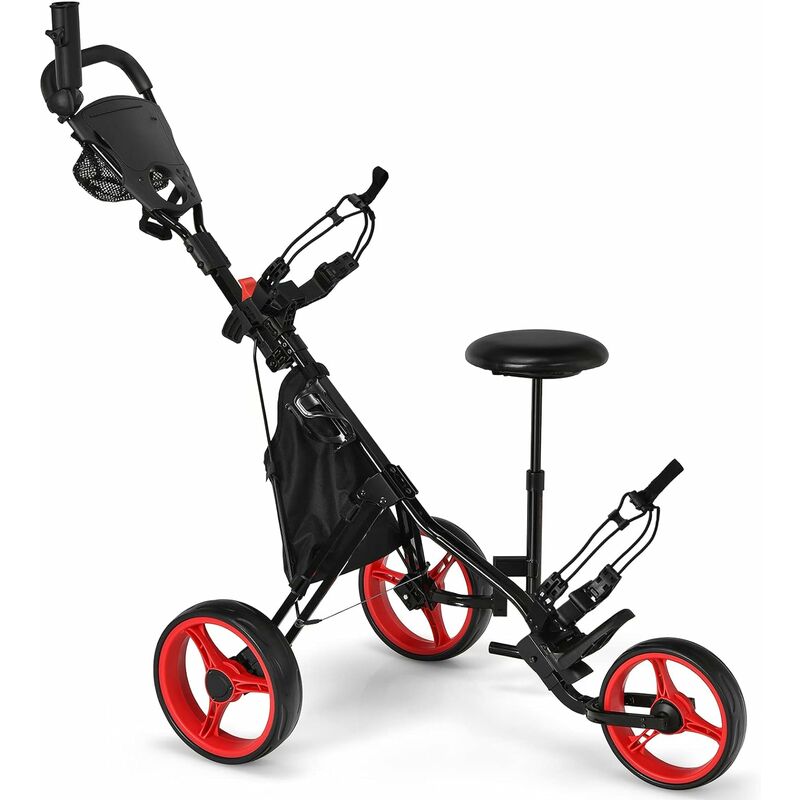 Image of Costway - Carrello da Golf Pieghevole con 3 Ruote, Trolley da Golf Altezza Regolabile di Alluminio con Sedile, Porta Ombrello e Porta Bevande, Rosso