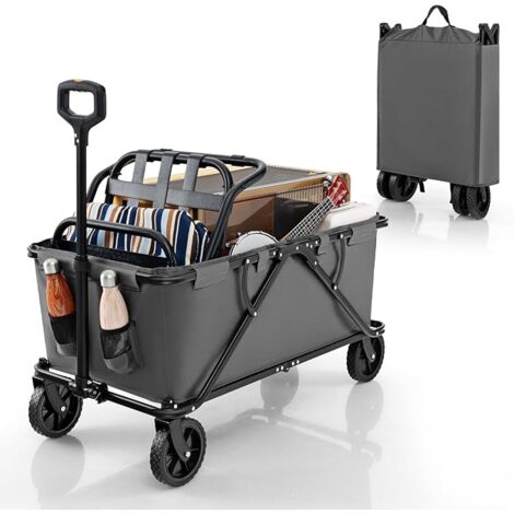 COSTWAY Carrello da Spiaggia Pieghevole, Carrello da Campeggio con Maniglia Regolabile e 360° Ruote, Portabottiglie e Tasca Portaoggetti, 170L, per Campeggio, Spiaggia e Giardino (Grigio)