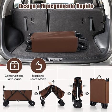 COSTWAY Carrello da Spiaggia Pieghevole, Carrello da Campeggio con Maniglia Regolabile e 360° Ruote, Portabottiglie e Tasca Portaoggetti, 170L, per Campeggio, Spiaggia e Giardino (Marrone)