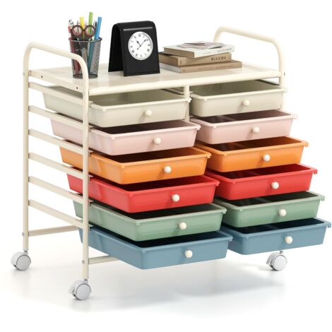 COSTWAY Carrello di Stoccaggio con 12 Cassetti, Carrello portaoggetti con 4 Ruote, Carrello Multiuso per Scuola Ufficio Cucina, 64 x 38 x 62 cm (12 cassetti Macaron)
