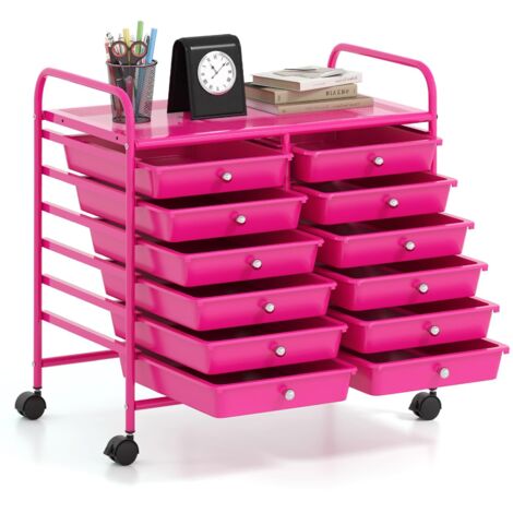 COSTWAY Carrello di Stoccaggio con 12 Cassetti, Carrello portaoggetti con 4 Ruote, Carrello Multiuso per Scuola Ufficio Cucina, 64 x 38 x 62 cm (12 cassetti Rosa)