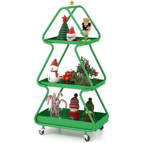 COSTWAY Carrello Natalizio Girevole a 3 Livelli, Carrello Porta Albero di Natale con Stella in Alto, Struttura Metallica con Ruote, per Soggiorno e Camera da Letto