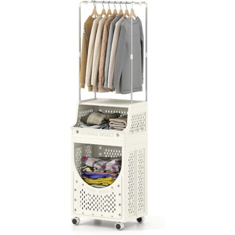 COSTWAY Carrello per Lavanderia a 3 Livelli con Barra Appendiabiti, Cesto Portabiancheria Pieghevole con Ruote Bloccabili, Cesta e 8 Ganci, Scaffale per Lavanderia e Bagno (40 x 30 x 136 cm)