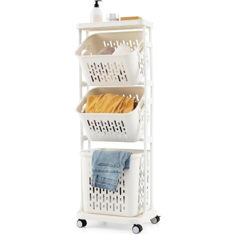 COSTWAY Carrello per Lavanderia a 3 Ripiani, Organizzatore per Bucato con 4 Ruote Girevoli e 3 Cestini, Carrello Sottile Multiuso per Bagno Lavanderia, 40 x 30 x 112 cm