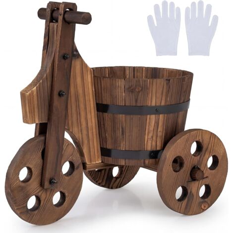COSTWAY Carrello Portafiori in Legno Massello, Carretto Portapiante con 3 Ruote, Foro di Drenaggio e Guanti, Fioriera Triciclo da Interno ed Esterno per Patio, Balcone e Giardino