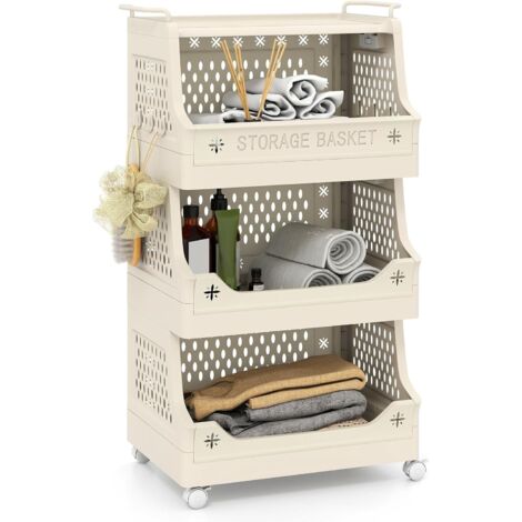 COSTWAY Carrello Portaoggetti Impilabile a 4 Piani con Ruote, Organizzatore in Plastica con Maniglie e Ganci, per Lavanderia, Bagno e Soggiorno (4 Livelli)