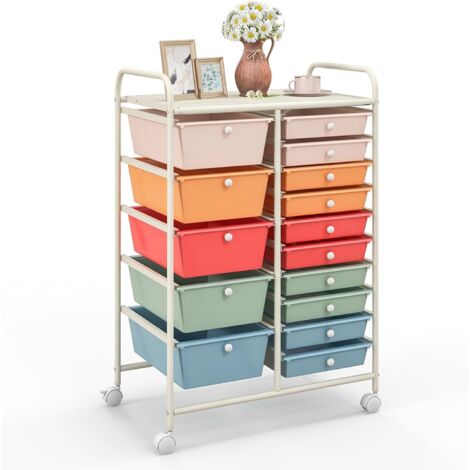 COSTWAY Carrito Auxiliar Almacenamiento con 15 Cajones Apilables y Ruedas Estructura Metálica, Carro Organizador para Cocina Restaurante (Multicolor+Marco Blanco)