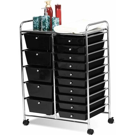COSTWAY Carrito Auxiliar Almacenamiento con 15 Cajones Apilables y Ruedas Estructura Metálica, Carro Organizador para Cocina Restauranter Negro