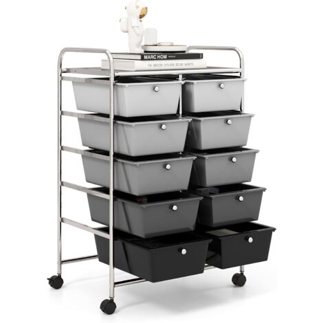 COSTWAY Carrito Auxiliar con Ruedas, Carro Almacenaje con 10 Cajones Grandes y Apilables, Carrito Organizador con Ruedas Bloqueables de Metal para Cocina Oficina, Baño, 37 x 65.5 x 87 cm, Negro + Plat