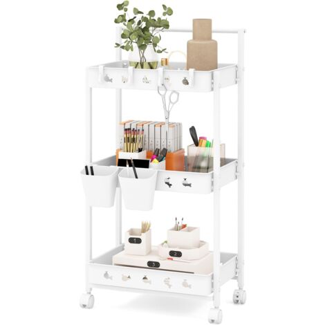 COSTWAY Carrito de Almacenamiento con Ruedas de 3 Niveles, Carro Utilitario con 2 Tazas Colgantes y 4 Ganchos, Carrito Cocina con Barra de Manija para Cocina, Baño, 42 x 29 x 83 cm