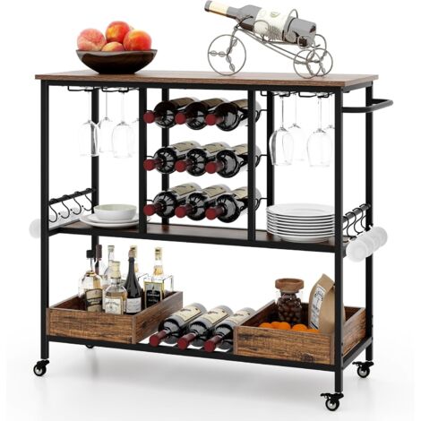COSTWAY Carrito de Bar de 3 Niveles, Carro de Servicio con Ruedas, Soportes para 8 Copas, 9 Botellas, 8 Ganchos Laterales y 2 Cajas de Almacenamiento Inferiores, para Cocina, Comedor (Marrón)