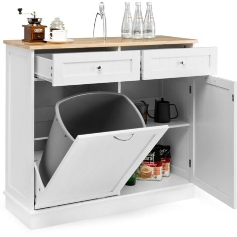 COSTWAY Carrito de Cocina, Armario de Basculante con Soporte para un Contenedor de Basura, Encimera de Madera de Caucho, 2 Cajones, Estante Ajustable, Armario de Reciclaje Independiente (Blanco)