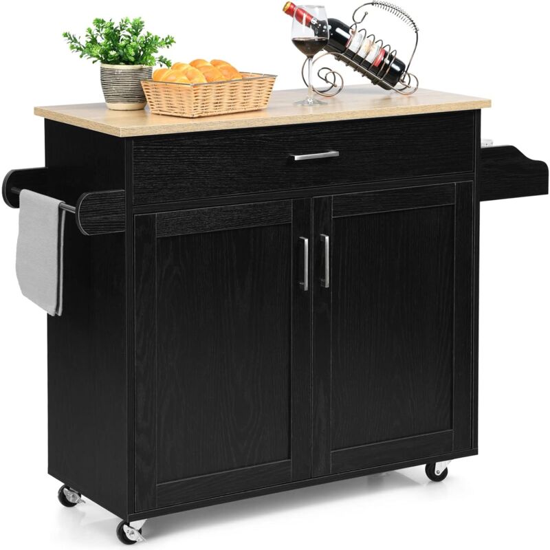 

Carrito de Cocina Carro de Servicio Comedor con Ruedas, Puerta y Estantes Gabinete Mueble de Cocina (Negro) - Costway