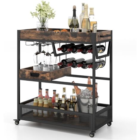 COSTWAY Carrito de Servicio de Bar, Carrito de Barra Industrial de 3 Niveles con Estante para Vinos, Estante para Copas y Bandeja Extraíble, Carrito de Almacenamiento con Ruedas Bloqueables para Casa