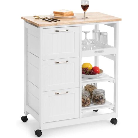 COSTWAY Carro de Cocina con Ruedas Carrito Auxiliar de Madera Carro de Servicio Multiuso con Estantes y Cajón (Blanco)