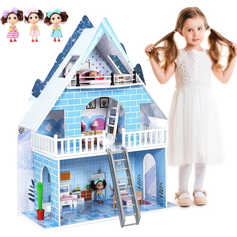 

Costway - Casa de Las Muñecas de Madera, Casa Juguete con 3 Pisos 15 Muebles y 3 Muñecas Bonitas, Materiales Seguros