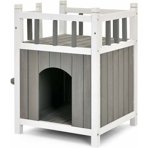 COSTWAY Casa para Gatos 2 Pisos con Escaleras, Valla, Casita Resistente a la Intemperie, Refugio de Madera de Abeto
