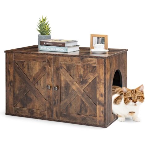 COSTWAY Casa para Gatos, Cubierta para Caja de Arena y Mueble con cajón, Agujero de Entrada Lateral, Mesita de Noche para Casa de Mascotas con Puertas Abatibles y Panel de Intervalo Desmontable