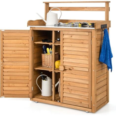 COSTWAY Casetta da Giardino in Legno, Armadio da Esterno con Piano di Lavoro in Metallo Zincato, 3 Ganci e Ripiani Rimovibili e Ante a Doghe, Capanni da Esterno per Giardino, Patio e Cortile