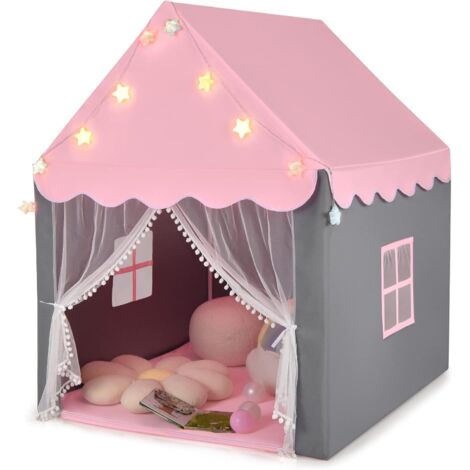COSTWAY Casetta da gioco per bambini con luci stellate, tenda da gioco per bambine con finestra e tappetino, tenda da gioco con doppia tenda, tenda da gioco per bambini, castello da gioco per bambini 