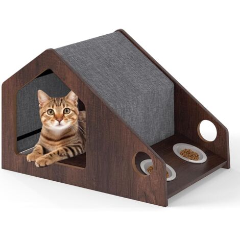 COSTWAY Casetta in Legno per Gatti da Interni, Condo per Gatti con Stazione di Alimentazione, Tetto Rimovibile e Struttura in Metallo, Cuccia per Gattini in Stile Fattoria, 60 x 40 x 40 cm
