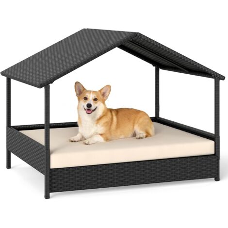 COSTWAY Casetta per Cani,Letto Rialzato in Rattan, con Tetto e Cuscino, fino a 60kg, Beige