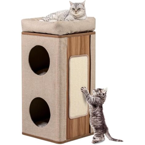 COSTWAY Casetta per Gatti a 3 Piani,con Tiragraffi, 2 Scomparti Coperti e 3 Materassini,Beige