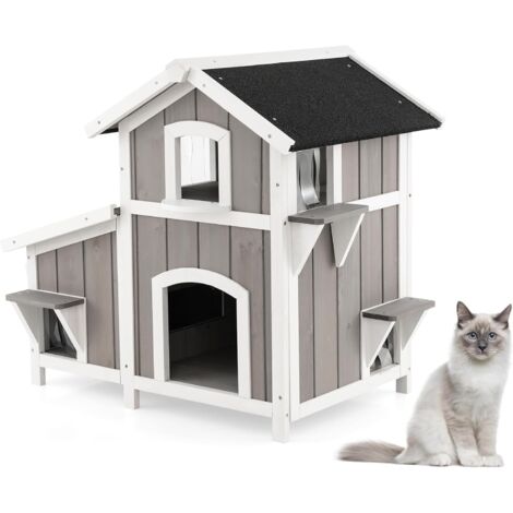 COSTWAY Casetta per Gatti con 2 Ingressi Frontali e 4 Bucchi con Tende in PVC, Villa per Gatti in Legno di Abete a 2 Piani con Tetto Impermeabile, Cuccia per Animali Piccoli, 100 x 64 x 82,5 cm