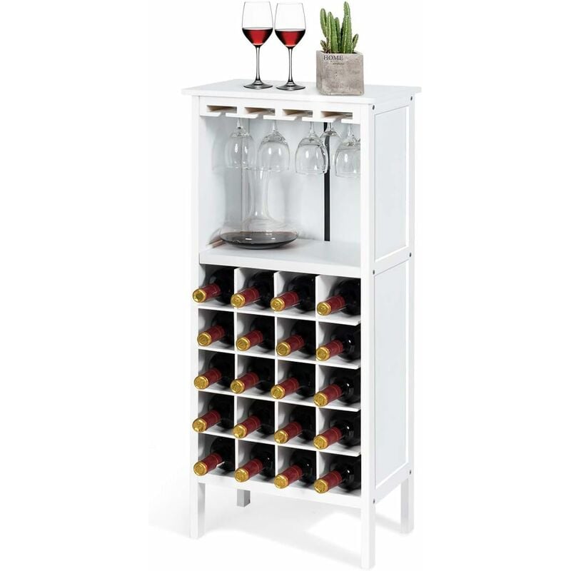 Costway - Casier à Bouteilles de Vin en Pin-Capacité de 20 Bouteilles et Porte-gobelet, 42x24,5x96 cm pour Cave,Cuisine,Salon, Blanc
