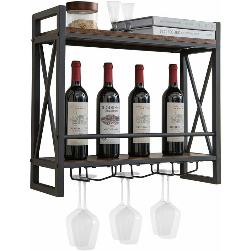 Costway - Casier à Bouteilles Mural Industriel, Étagère de Rangement à 2 Niveaux avec 3 Porte-Verre à Pied, Étagère à Vin pour Cuisine, Bar, Salle à