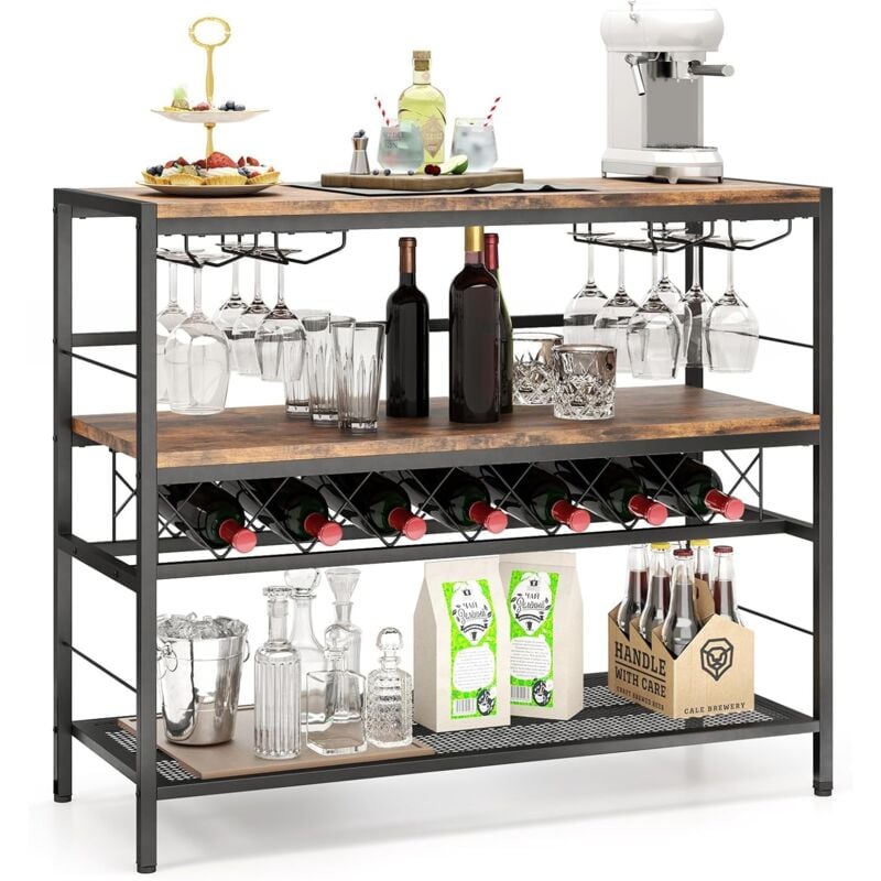Costway - Casier à Vin Autoportant à 4 Niveaux, Table de Bar à Vin de 104 cm avec Rangement, 4 Rangées de Porte-Verres, pour 7 Bouteilles et 16