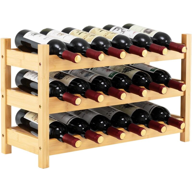 COSTWAY Casier à Vin en Bambou pour 18 Bouteilles à 3 Niveaux, Casier à Bouteilles, Étagère à Vin, Range Bouteille sur Pied, pour Cuisine,