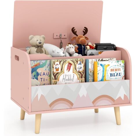 COSTWAY Cassapanca Portaoggetti per Bambini,con Libreria,Legno Massello, 60x40x43cm,Rosa