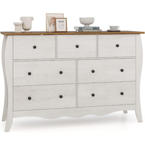 COSTWAY Cassettiera a 7 Cassetti in Tessuto, Cassettiera per Camera da Letto in Legno Rustico, Cassettiera Cameretta Salvaspazio per Soggiorno, Corridoio, Cucina, 120 x 38,5 x 77,5 cm (Grigio)