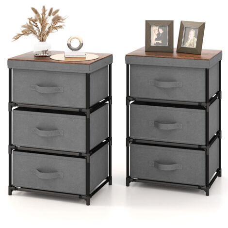 COSTWAY Cassettiera in Tessuto, Mobile con 3 Cassetti e Struttura Robusta in Metallo, Armadio per Camera da Letto, Soggiorno, Ingresso, 40 x 30 x 62 cm (Grigio 2 Pezzi)