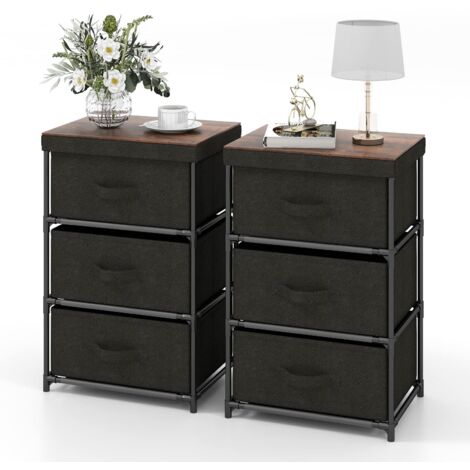 COSTWAY Cassettiera in Tessuto, Mobile con 3 Cassetti e Struttura Robusta in Metallo, Armadio per Camera da Letto, Soggiorno, Ingresso, 40 x 30 x 62 cm (Nero 2 Pezzi)