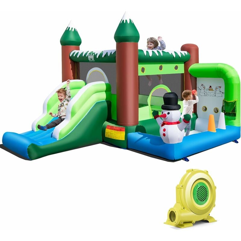 Costway - Castello Gonfiabile con Pupazzo di Neve, Gioco Gonfiabile per Bambini con Scivolo, Piscina di Palline, Basket, Gonfiabile con Pupazzo di