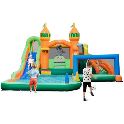 COSTWAY Castello Gonfiabile per bambini, Casa Gonfiabile con Scivolo, Area per Saltare, Piscina, con Borsa di Trasporto e Kit di Riparazione, per Bambini di 3-12 Anni (Senza Soffiatore)