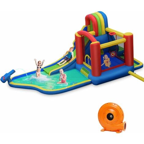 EASYCOMFORT Castello Gonfiabile per Bambini Piscina con Scivolo e  Trampolino, Pompa Elettrica, 350x250x185cm, Multicolore