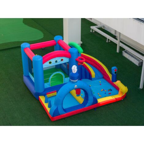 COSTWAY Castello Gonfiabile per Bambini,con Piscina, Cannone d'Acqua, Gioco con Anelli,3-12 Anni