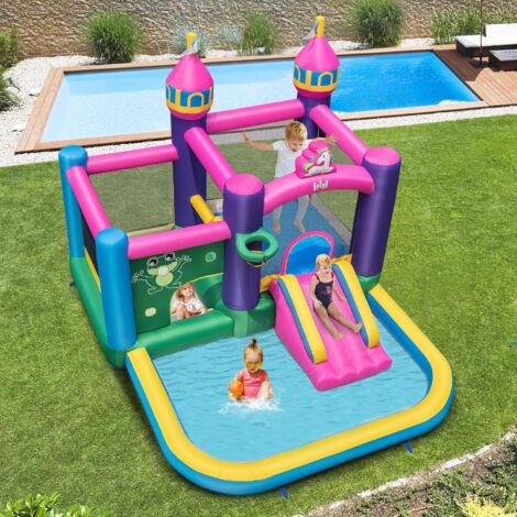 COSTWAY Castillo Hinchable para Niños con Piscina/Tobogán Portátil, Casa Inflable con Bolsa de Transporte y Estacas (con soplador)