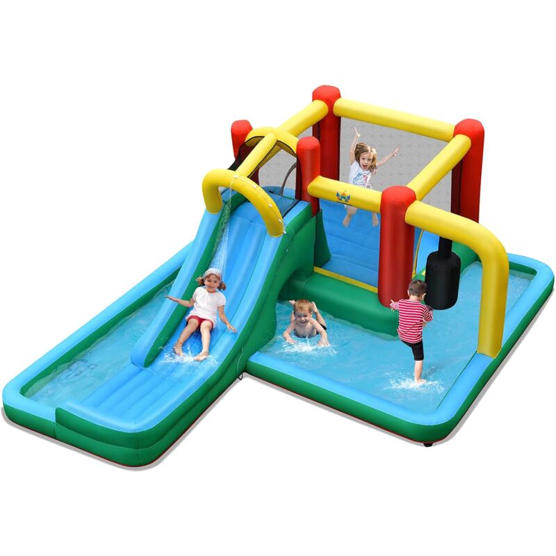 

Castillo Hinchable Tobogán Acuático Inflable para Niños con Tobogán, Pared para Escalar, Piscina, Túnel, Péndulo Sin Soplador - Costway