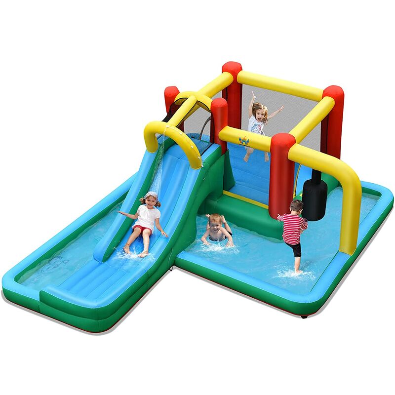 

Castillo Hinchable Tobogán Acuático Inflable para Niños con Tobogán, Pared para Escalar, Piscina, Túnel, Péndulo Sin Soplador - Costway