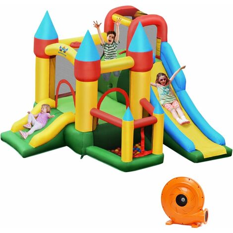 COSTWAY Castillo Inflable para Niños con Compresor 780 W 2 Toboganes Área para Saltar, Piscina con Pelotas, Canasta de Baloncesto, Palitos, Kit de Reparación, 60 Pelotas 