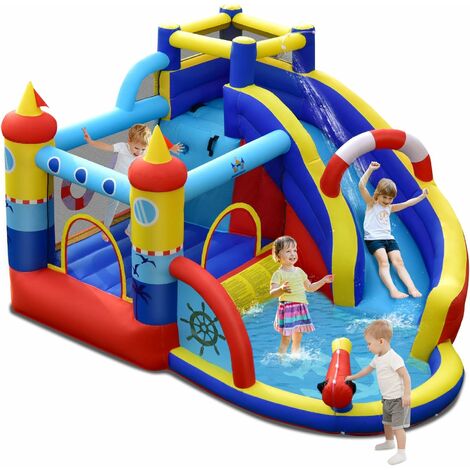 COSTWAY Castillo Inflable/Parque Acuático Forma de Barco 6 en 1 con Tobogán Curvado, Área para Saltar, Pared para Escalar, Piscina, Blanco e Hidrante (sin soplador)