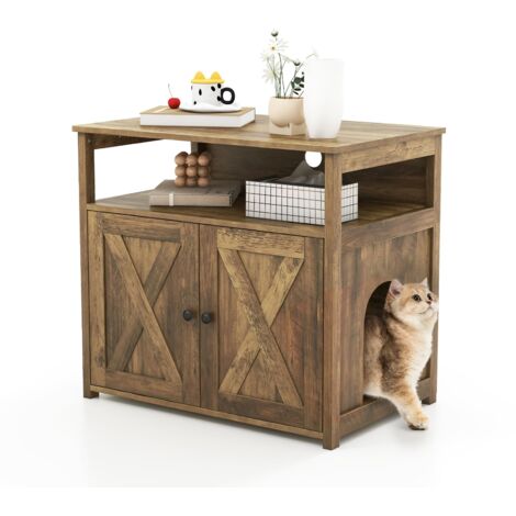 COSTWAY Cat Litter Box Enclosure Cat Litter Box Furniture Hidden w/Doors