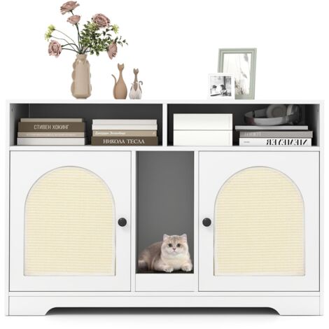COSTWAY Cat Litter Box Enclosure for 2 Cats Hidden Cat Washroom Furniture-White