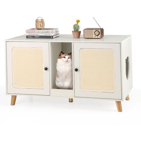 COSTWAY Cat Litter Box Enclosure Hidden Cat Washroom Furniture-White