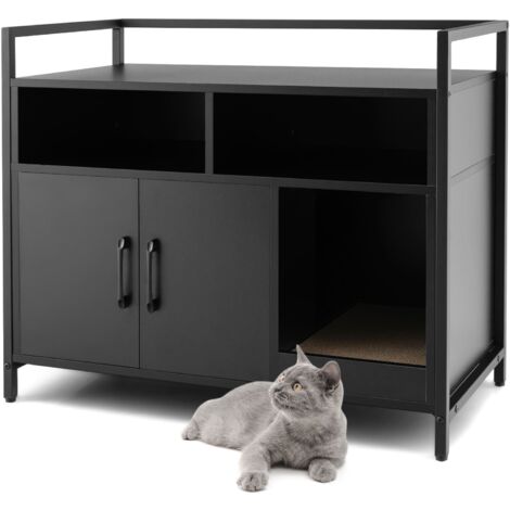 COSTWAY Cat Litter Box Enclosure Hidden Cat Washroom w/ Double Doors-Black